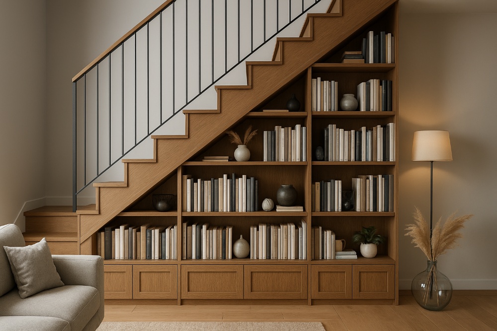 Zabudowa pod schodami z wbudowaną biblioteczką i dekoracjami