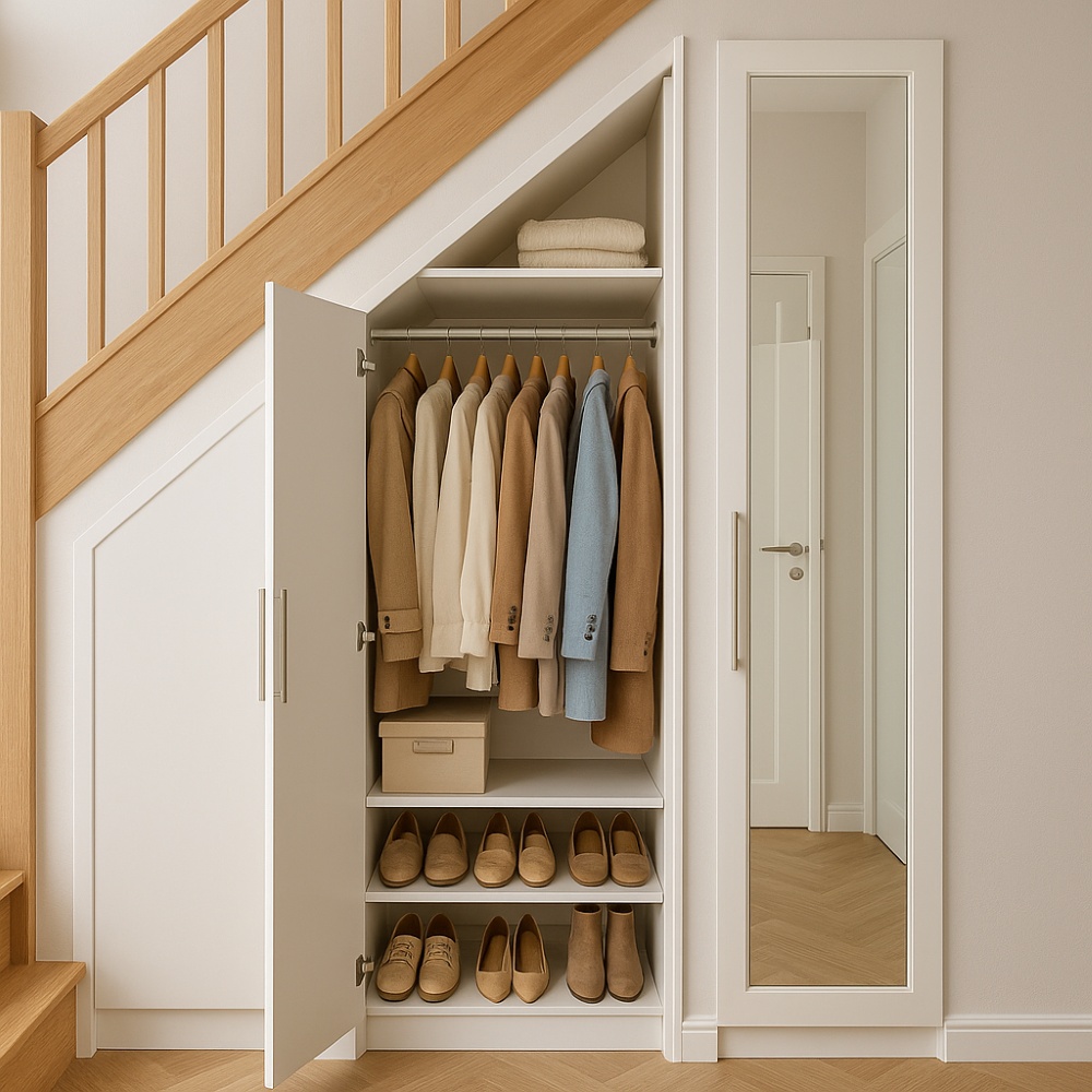 Garderoba z półkami, drążkiem i lustrem pod schodami