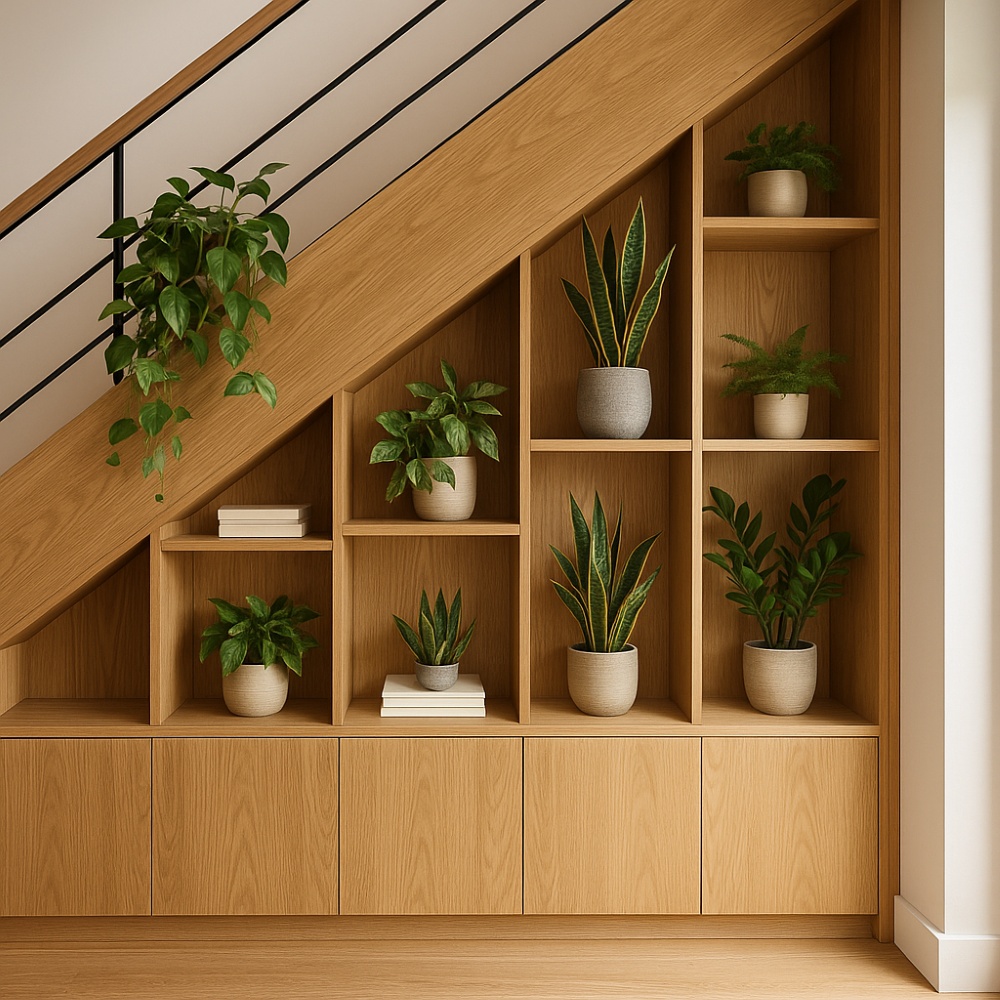 Drewniana zabudowa pod schodami z roślinnością i półkami