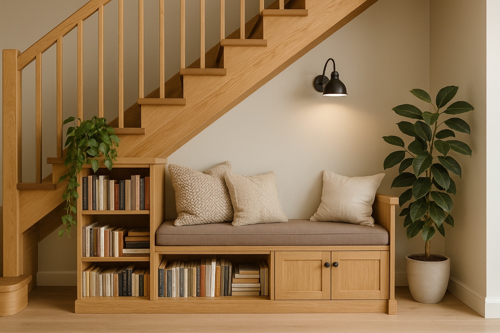 Przytulny kącik do czytania z siedziskiem pod schodami