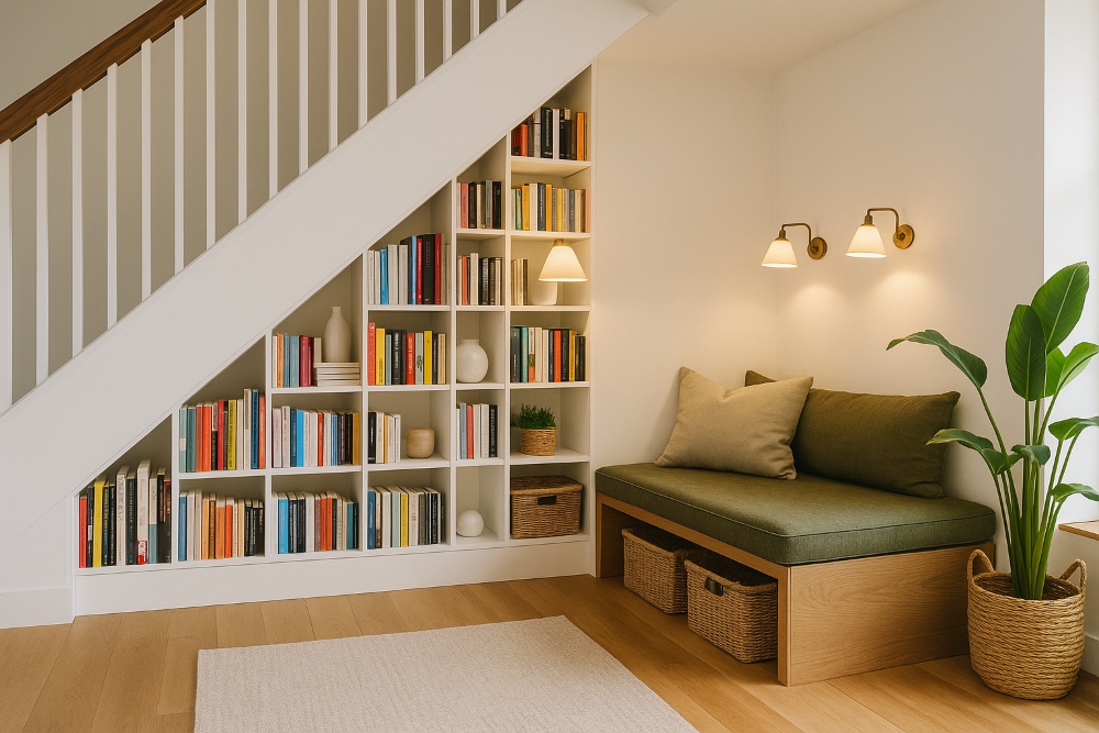 Przytulny kącik do czytania z siedziskiem pod schodami
