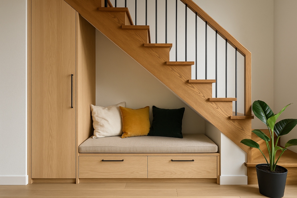 Szafka na buty pod schodami z miejscem do siedzenia