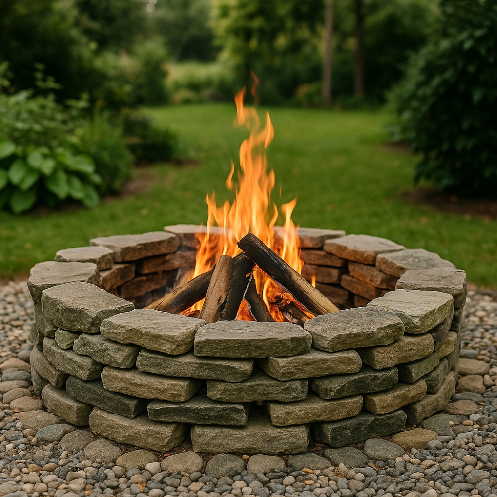 ognisko w ogrodzie z kamieni - wysoki murek