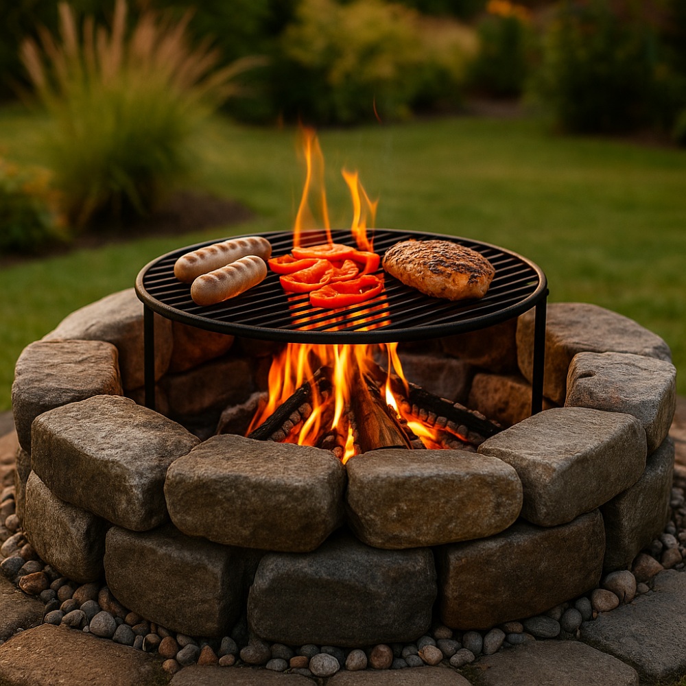 ognisko w ogrodzie z kamieni z rusztem