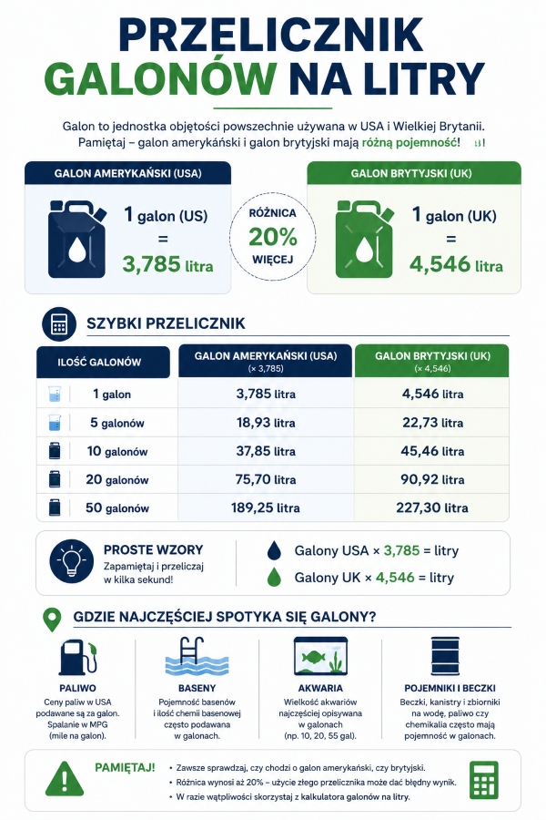 ile litrów ma galon - infografika