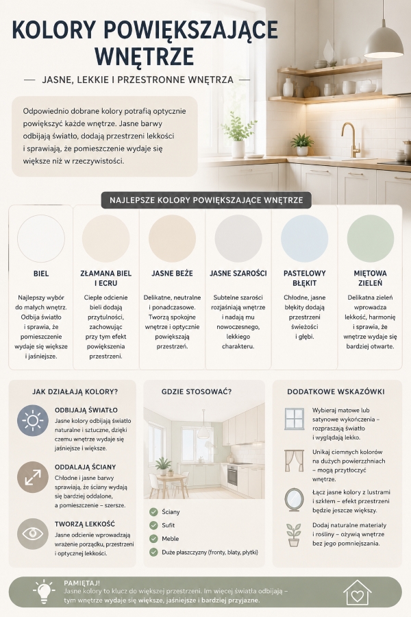 kolory powiększające wnętrze kuchni - infografika