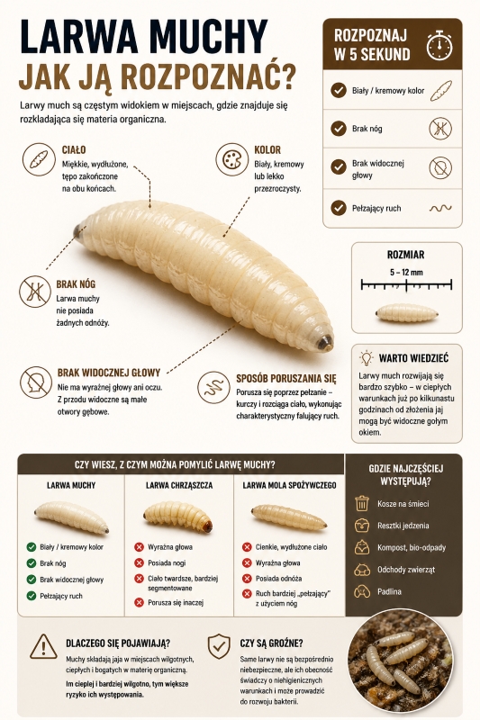 jak wyglądają larwy muchy - infografika
