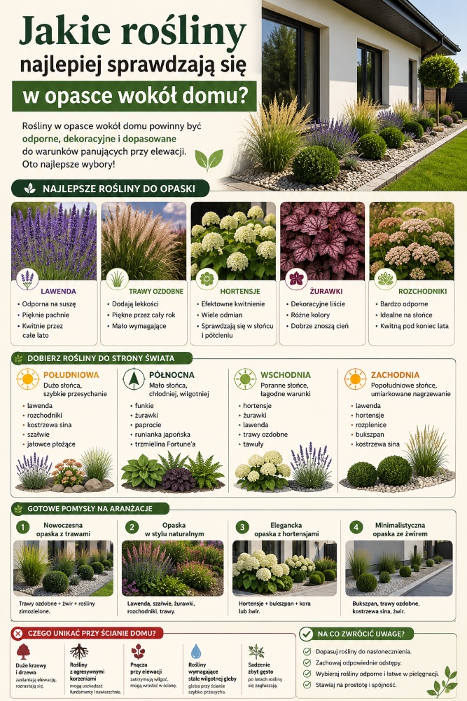 Rośliny w opasce wokół domu - infografika