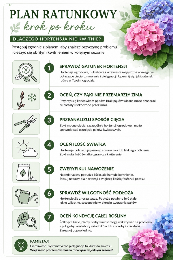 dlaczego hortensja nie kwitnie - plan ratunkowy - infografika