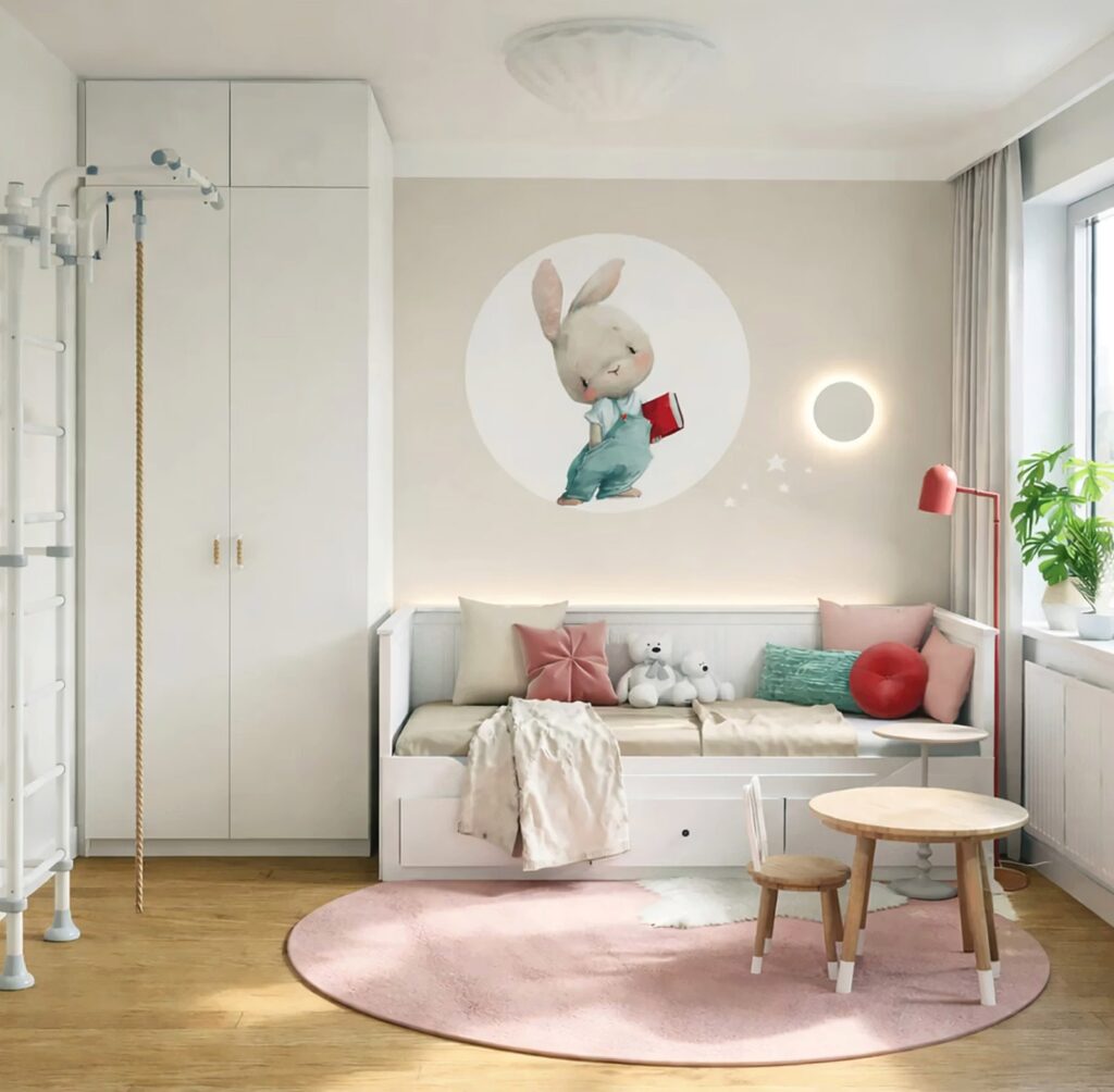 wizualizacja pokoju dla małej dziewczynki, widok na łóżko, projekt Estilo Design