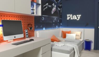 wizualizacja pokoju dla chłopca w granacie i pomarańczowym, projekt Estilo Design