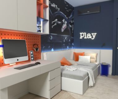 wizualizacja pokoju dla chłopca w granacie i pomarańczowym, projekt Estilo Design