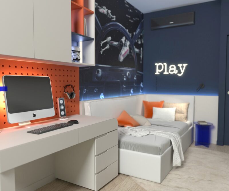 wizualizacja pokoju dla chłopca w granacie i pomarańczowym, projekt Estilo Design