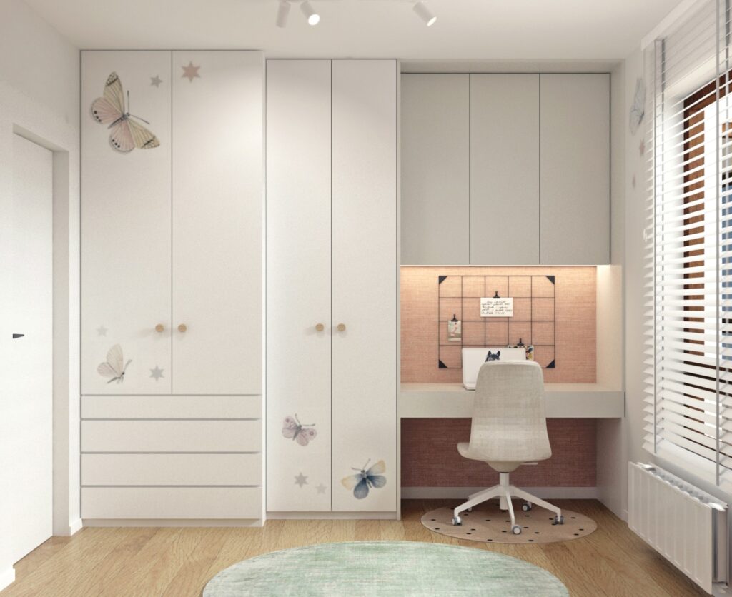 wizualizacja pokoju nastolatki, widok na biurko, projekt Estilo Design